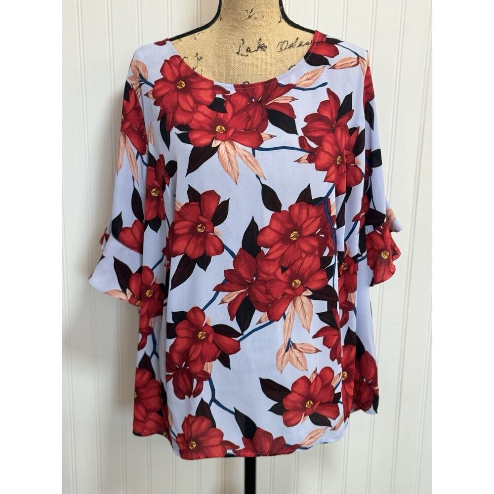 Liz Claiborne Women's 3/4 Sleeve Light Blue & Red Ruffle Floral Blouse Size 1X